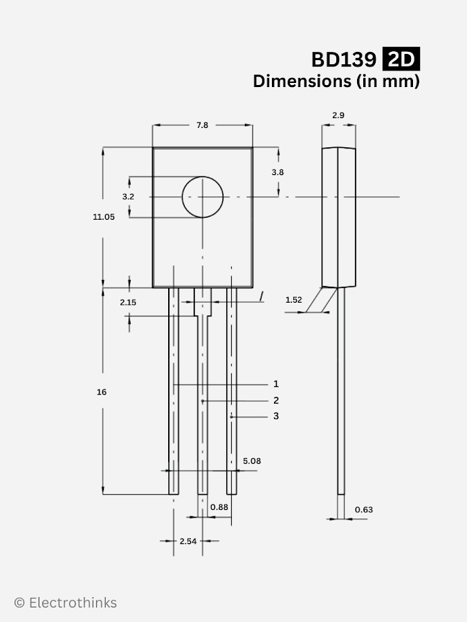 TO-126 package dimentions of BD139 transistor